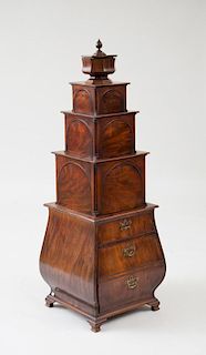 UNUSUAL GEORGE III CARVED AND INLAID MAHOGANY STACKING CELLARETTE