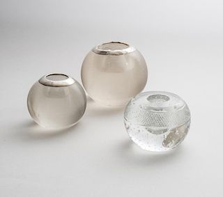 TWO SILVER-MOUNTED GLASS SPHERICAL MATCH STRIKERS AND A WEBB GLASS MATCH STRIKER