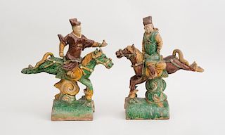 PAIR OF MING TYPE GLAZED POTTERY EQUESTRIAN ROOF TILES