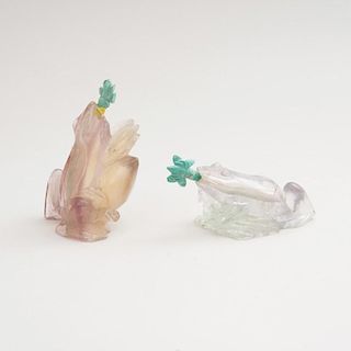 CHINESE CARVED ROCK CRYSTAL FROG-FORM SCENT BOTTLE AND ANOTHER FROG HOLDING A PEACH