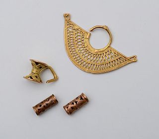 GROUP OF FOUR COLOMBIAN GOLD AND METAL ORNAMENTS