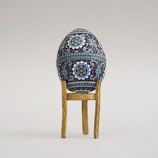 RUSSIAN CLOISONNÉ ENAMEL, SILVER AND SILVER-GILT EASTER EGG-FORM BOX