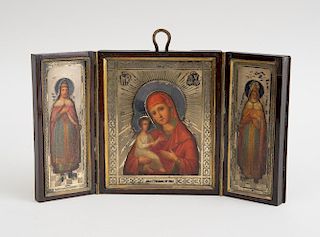 RUSSIAN PAINTED METAL TRIPTYCH WITH SILVER-GILT OKLAD
