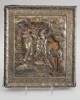 RUSSIAN PAINTED WOOD ICON WITH SILVER OKLAD, DEPICTING THE BAPTISM OF CHRIST