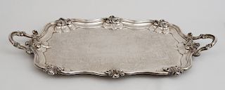 VICTORIAN ENGRAVED SILVER TWO-HANDLED TEA TRAY