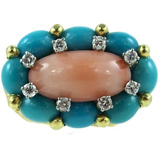 Estate. Coral. Turquoise. Diamond Ring.