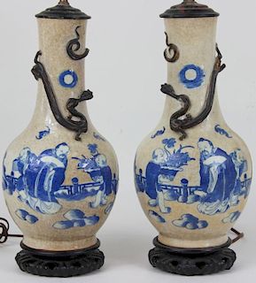 PAIR, CHINESE, HAND-PAINTED, CRACKLED VASES