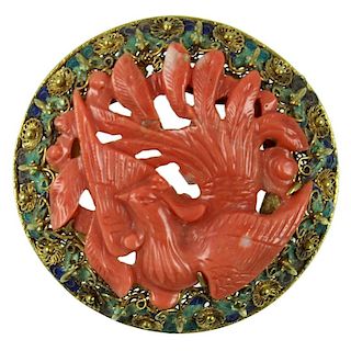 Chinese Coral Bird Brooch Pendant.
