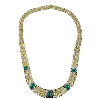 18K Yellow Gold, Diamond & Emerald Necklace