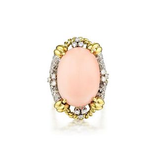 An 18K Gold Coral and Diamond Ring