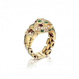 A 14K Gold Ruby Emerald and Diamond Panther Ring