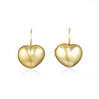 A Pair of 18K Gold Heart Shaped Cultured Pearl Earrings