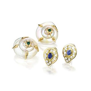 Two Pairs of 14K Gold Diamond and Gemstone Earrings
