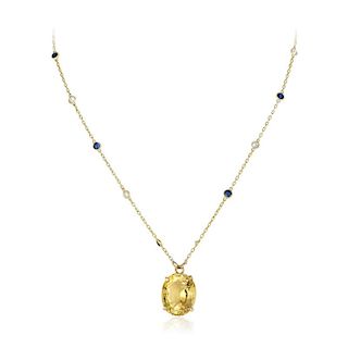 An 18K Gold Citrine, Sapphire and Diamond Pendant Necklace