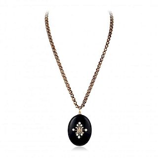 Victorian 14K Gold Diamond Pearl Onyx Locket Necklace