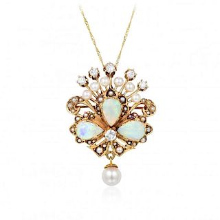 A 14K Gold Opal Diamond Pendant/Brooch Necklace
