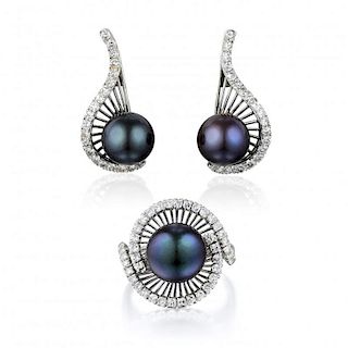 A Set of Cultured Pearl and Diamond Platinum Earrings and Ring