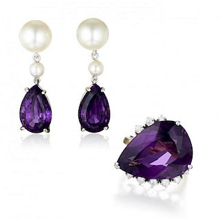 A Set of Gold Amethyst and Cultured Pearl Earrings and Ring