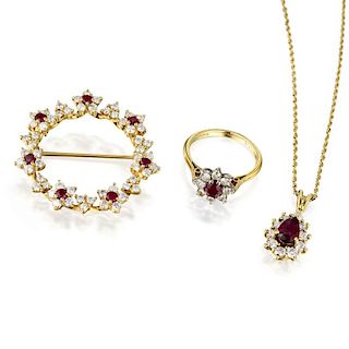 A Group of 18K Gold Ruby Diamond Jewelry