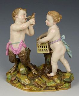 Meissen Acier Figurine "Faun and Girl with Bird"