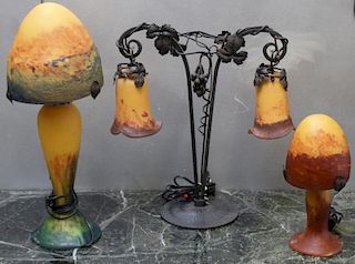 3 Signed  French Art Glass Lamps.