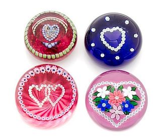 * Saint-Louis, Perthshire Paperweights and Caithness Glass, France; Scotland, four heart motif paperweights