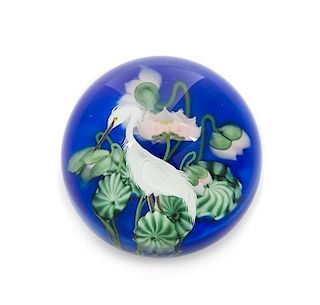 * Lundberg Studios, California, USA, by Daniel Salazar, Egret and the Pink Lotus paperweight, 2006