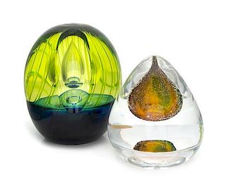 * Kosta Boda, Sweden, two glass paperweights, each with internal air bubble decoration