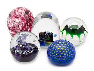 * Five Glass Paperweights Diameter of largest 2 3/4 inches