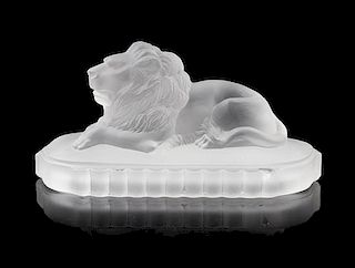 * Gillinder Glass, New York, USA, an antique centennial exhibition molded frosted glass lion paperweight