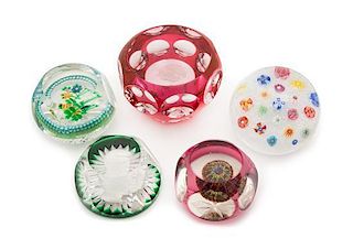 * A Collection of Five Glass Paperweights Diameter of largest 3 inches