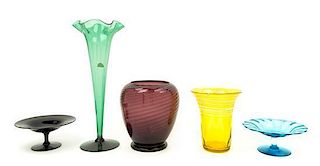 Steuben, , a group of 5 glass articles, comprising three vases and two compotes