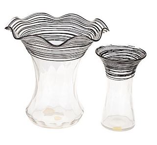 Steuben, , a group of two black threaded-glass vases