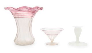 Steuben, , a threaded-glass vase, with associated compote and candlestick base