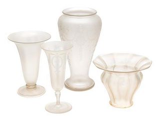 Steuben, EARLY 20TH CENTURY, a group of four satin glass articles, including three vases and a shade