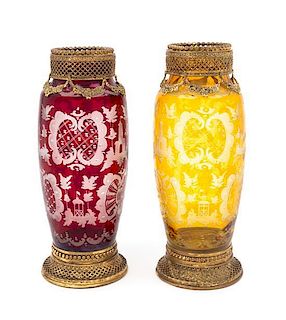 A Pair of Gilt-Metal Overlay Cut-to-Clear Vases Height 8 1/2 inches