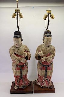 Pair of Chinese Polychrome Carved Wood Figure Lamp