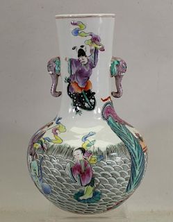 Chinese Famille Verte Figural Vase, Signed