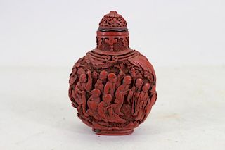 Chinese Qing Dynasty Figural Cinnabar Snuff Bottle