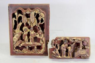 (2) Gilt Chinese Figural Archetectural Panels