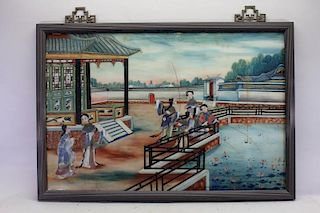 Antique Chinese Reverse Painted Glass Pavilion