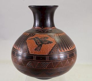Signed Hand etched Navajo Pot w/ Bird