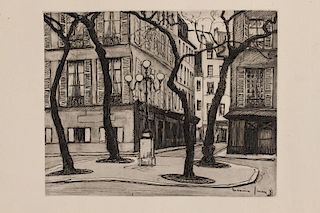 Vintage Etching of a Street Scene, Signed