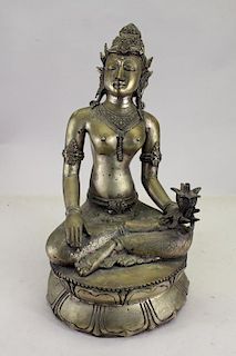 Brass Quan Yin Mixed Metal Statue w/ Lotus Flower