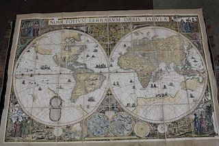 20th C. Colored World Map on Linen