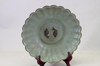 Chinese Style Grey Porcelain Plate w/ Fish Motif