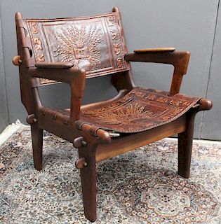 Ecuadorian Ornately Designed Leather/Wooden Chair