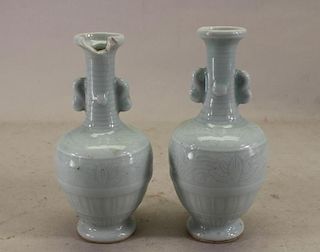 (2) Chinese Celadon Glazed/Floral Incised Vases