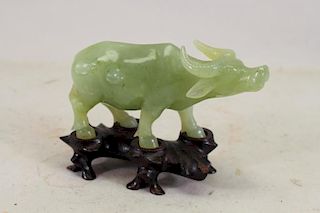 Carved Stone Oxen on Wooden Stand