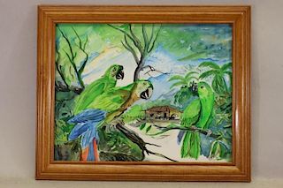 Signed, Tropical Landscape with Parrots